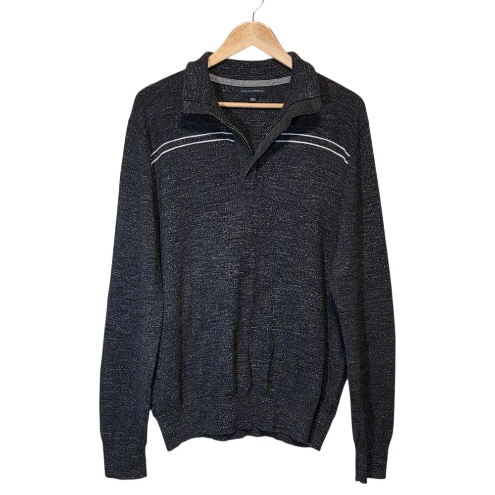 Banana Republic Mens Sweater Dark Heather Gray Striped‎ 1/4 Zip Size L Preppy
